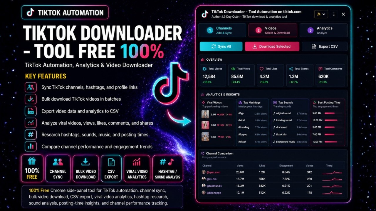 100% Free | Tool TikTok miễn ph&iacute;: Sync k&ecirc;nh, tải video h&agrave;ng loạt, xuất CSV v&agrave; ph&acirc;n t&iacute;ch k&ecirc;nh đối thủ