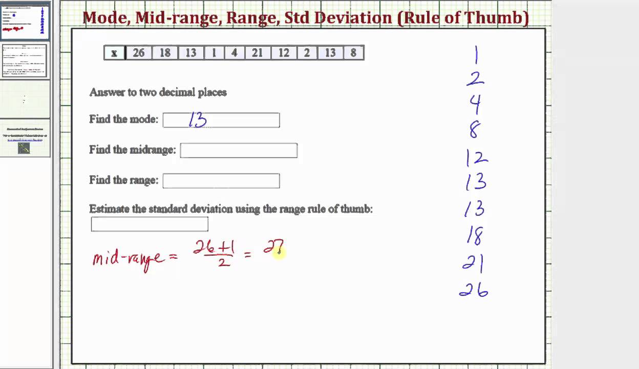 Ex: Mode, Mid-range, Range, Standard Deviation Using Range Rule of Thumb