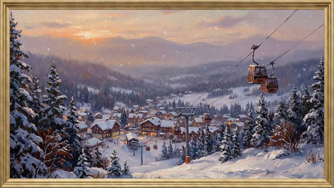 Christmas Ski Town Animated | Framed Art TV Wallpaper 4K | Oil Painting | 2 Hours | No Music