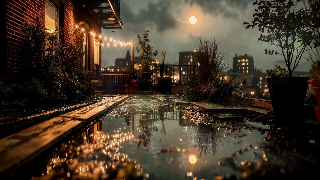 Yellow Moonlight Rain on Rooftop Garden | Night Breeze, Crickets, Distant Ambience [3HR]