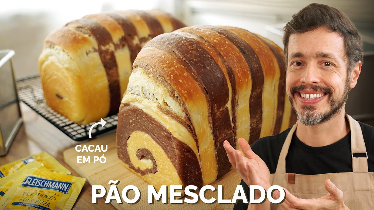 PÃO MESCLADO - Pão de forma com cacau em pó formando um lindo miolo em espiral