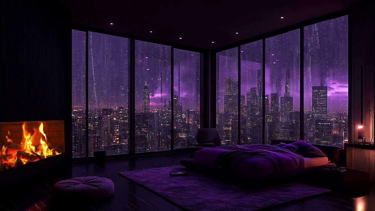 Peaceful Rain and Fireplace in a Modern City Apartment for Deep Sleep and Meditation