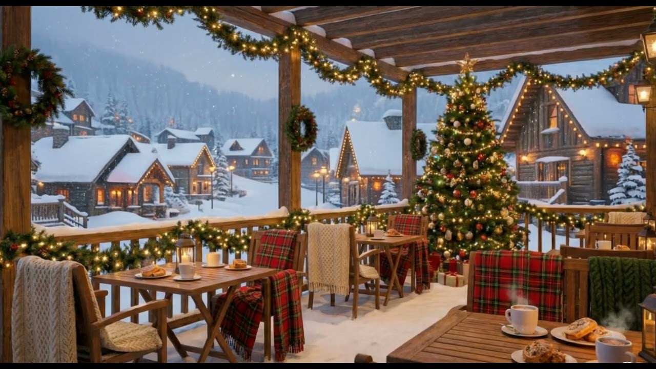 Cozy Christmas Terrace Ambience – Snowy Village View & Relaxing Jazz Music (4 Hours)