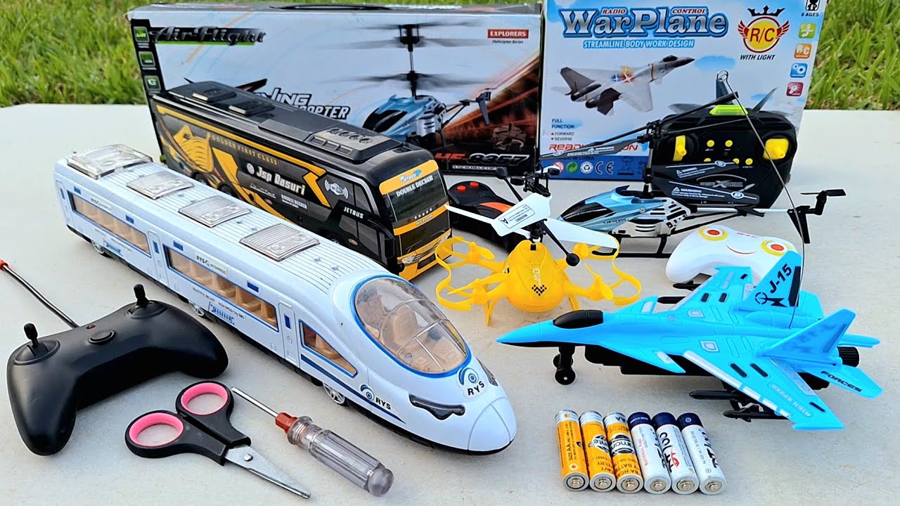 Rc Car Jet Bus Telolet,Rc Helicopter,Rc Plane,Fast Train and Drone Remote Control Unboxing Test