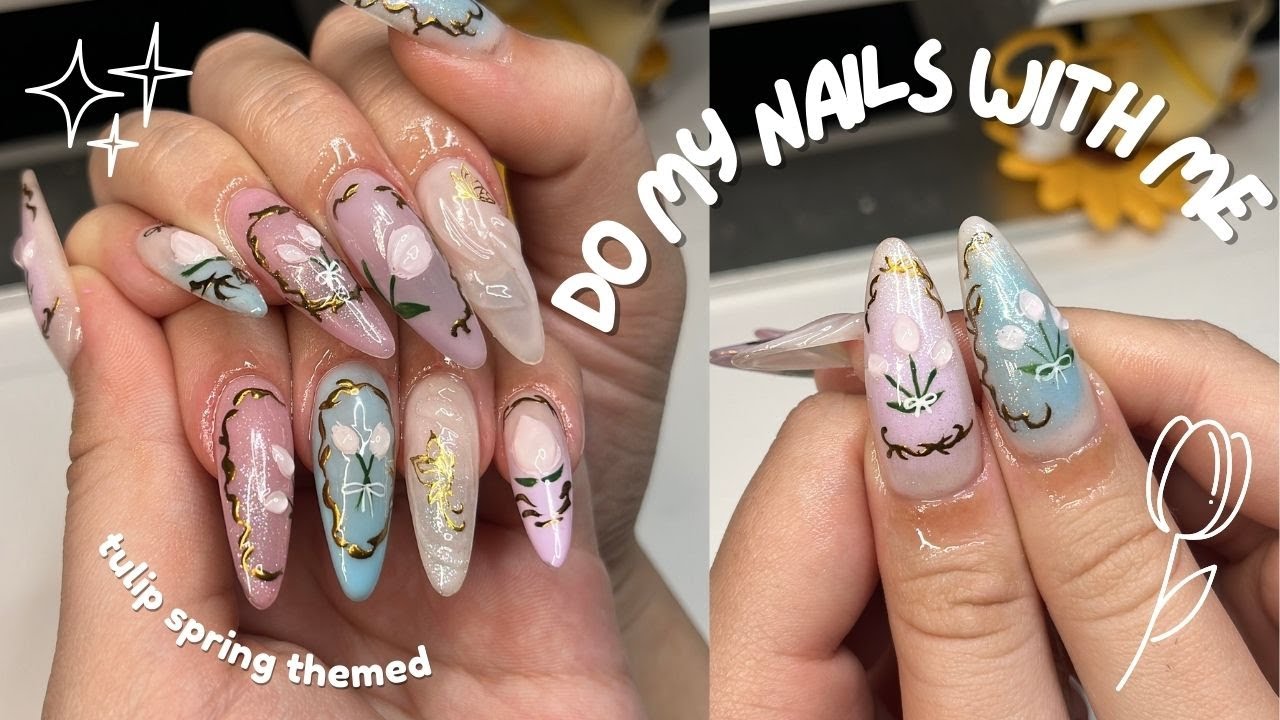 do my nails with me ˚ ༘♡ ⋆｡˚ ❀ spring tulip themed nails, no talking, asmr🌷