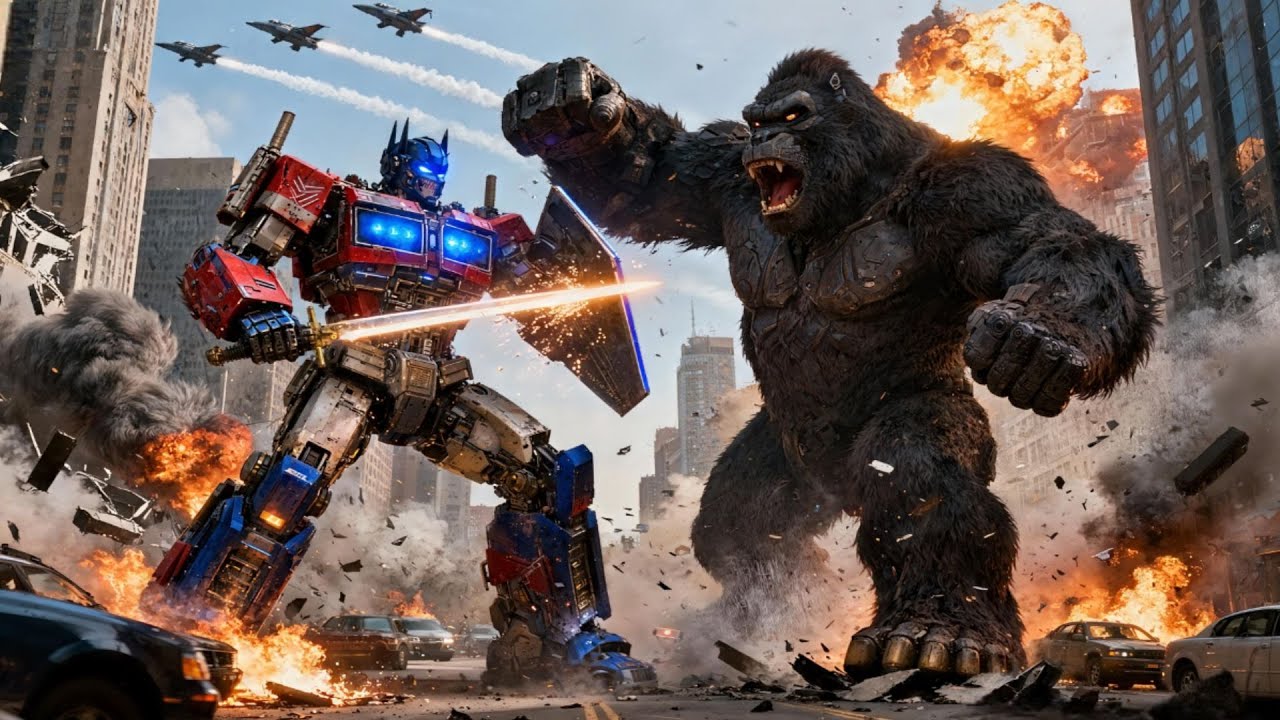 Giant King Kong vs Optimus Prime: City-Shaking Showdown! ⚔️🔥