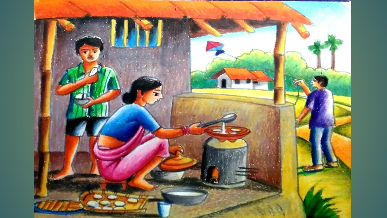 How to draw scenery of makar sankranti festival/drawing poush parbon scenery