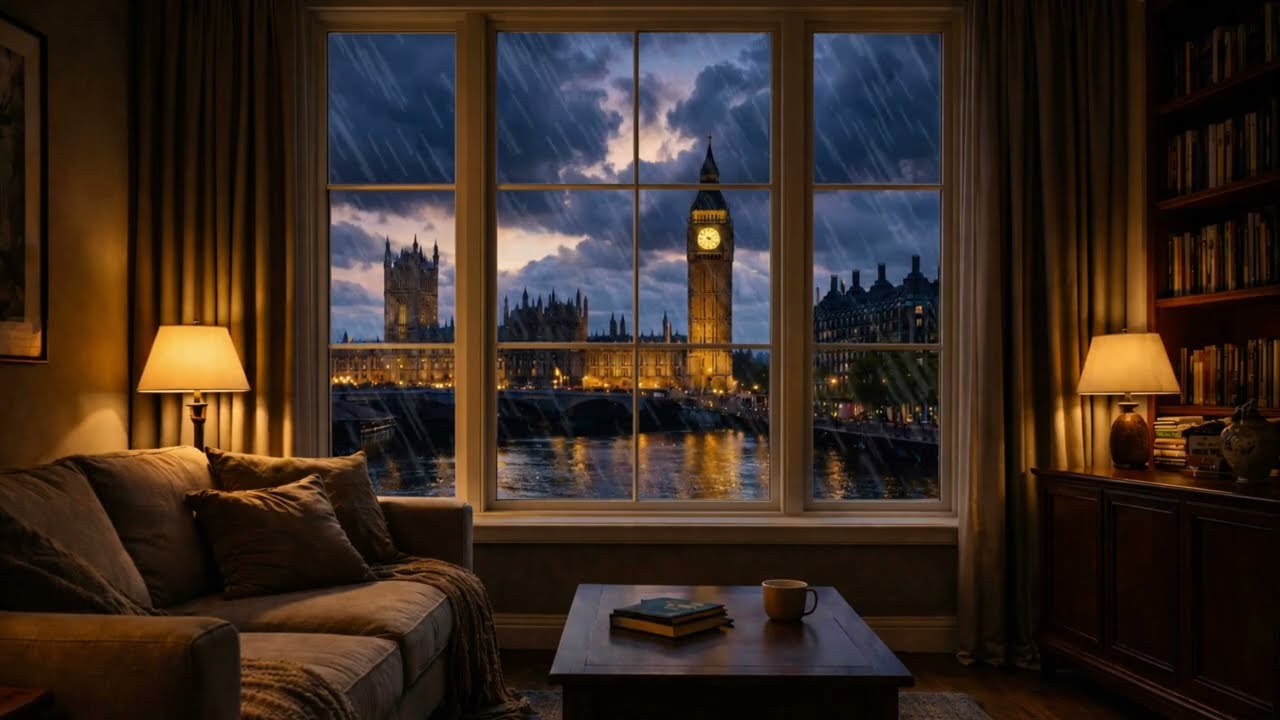 4K Rainy Evening in London 🌧️ | 3 Hours of Rain & Thunder Sounds for Sleep, Studying & Reading
