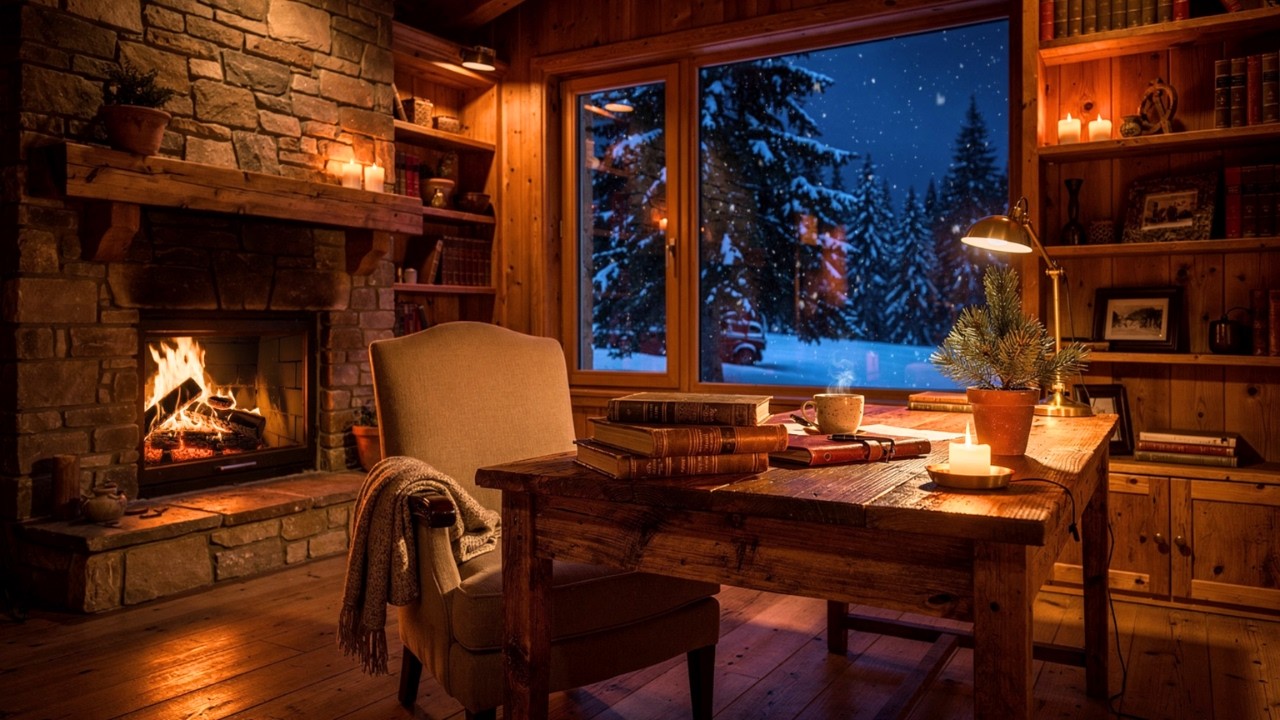 Peaceful Snowy Café Jazz Night ❄️ Soft Piano, Warm Fire & Winter Ambience for Relaxing, Study & Work