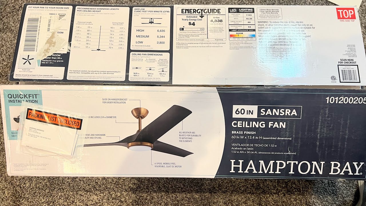 Распаковка потолочного вентилятора Hampton Bay Sansra 60 дюймов для использования внутри и снаруж...