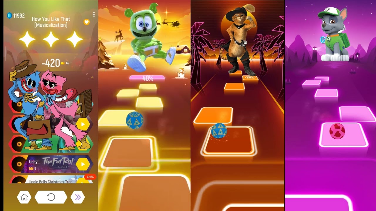 Huggy Wuggy&Kissy Missy VS Gummy Bear VS Puss in boots VS Paw Patrol Rocky    Tiles Hop