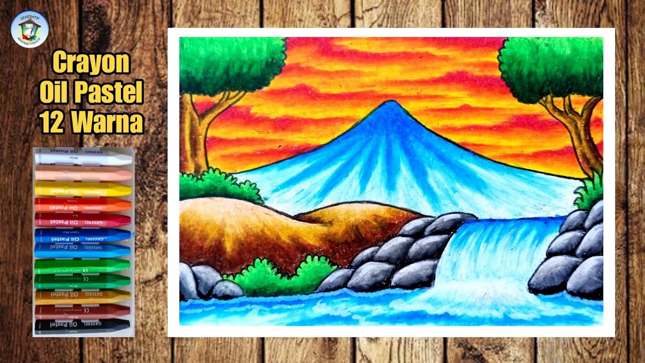 Menggambar Pemandangan Gunung dan Air Terjun dengan Crayon 12 Warna
