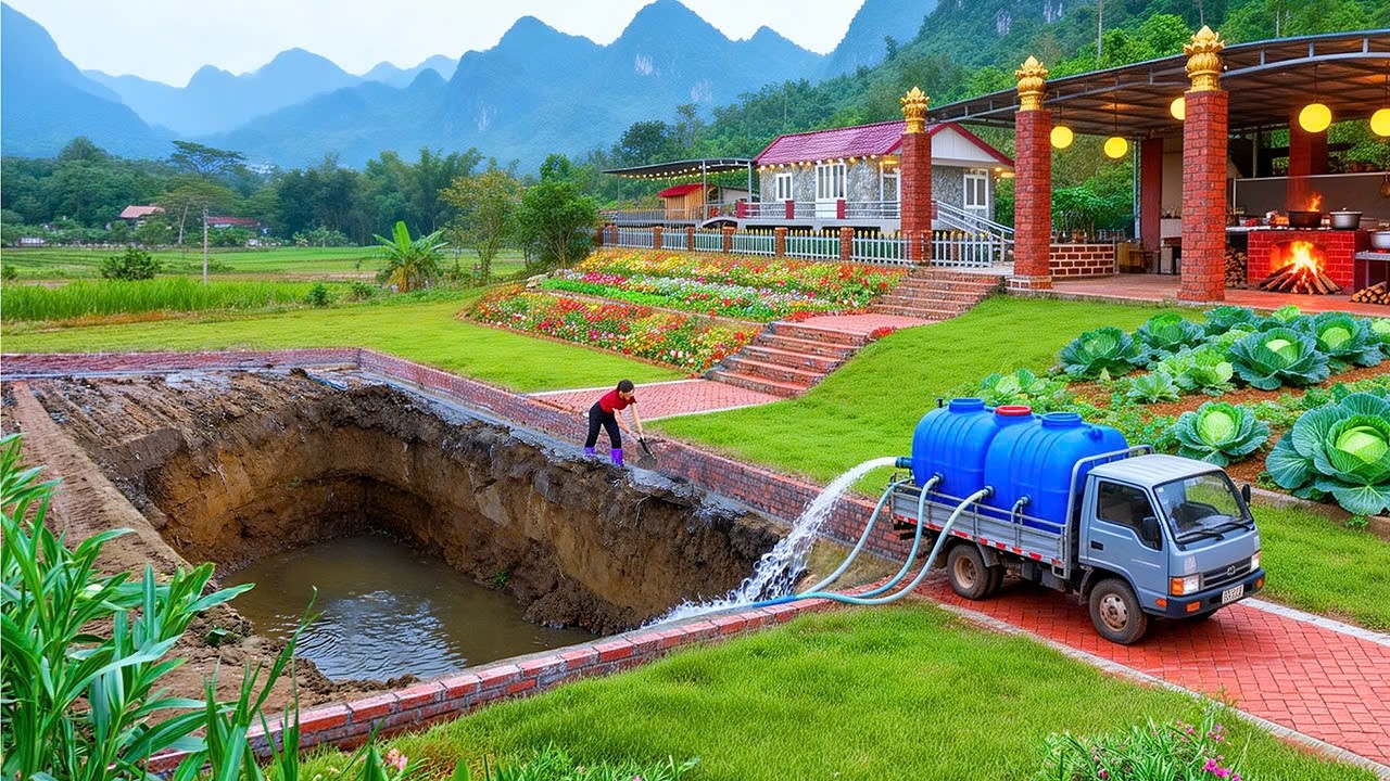 Building a Long Fish Pond Bank with Red Bricks - Strong Pond Construction | Nhi Build Life