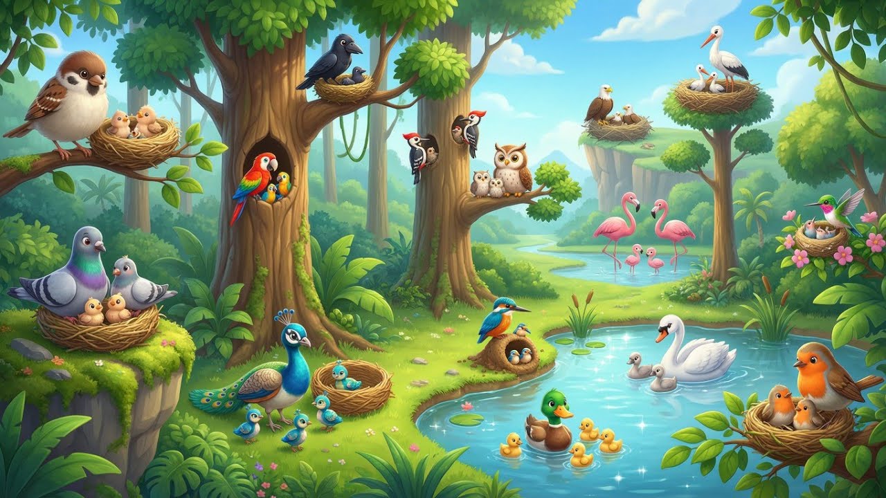 Cute Birds With Their Babies 🐦🪺 | Cartoon Jungle | Real Bird Sounds | 4K