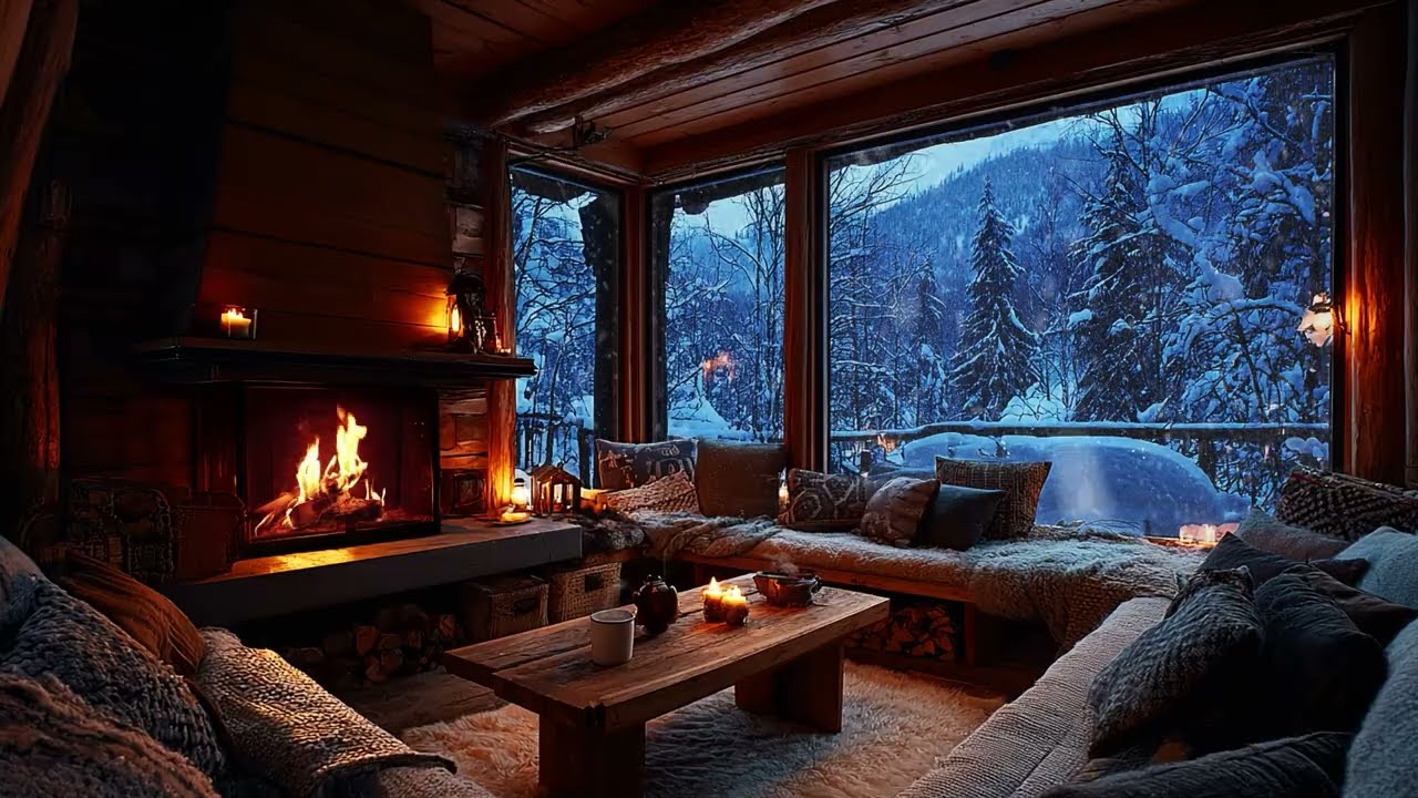 Crackling Fireplace in Cozy Winter Cabin 🔥 | Snowy Night Sounds for Deep Rest (NO ADS)