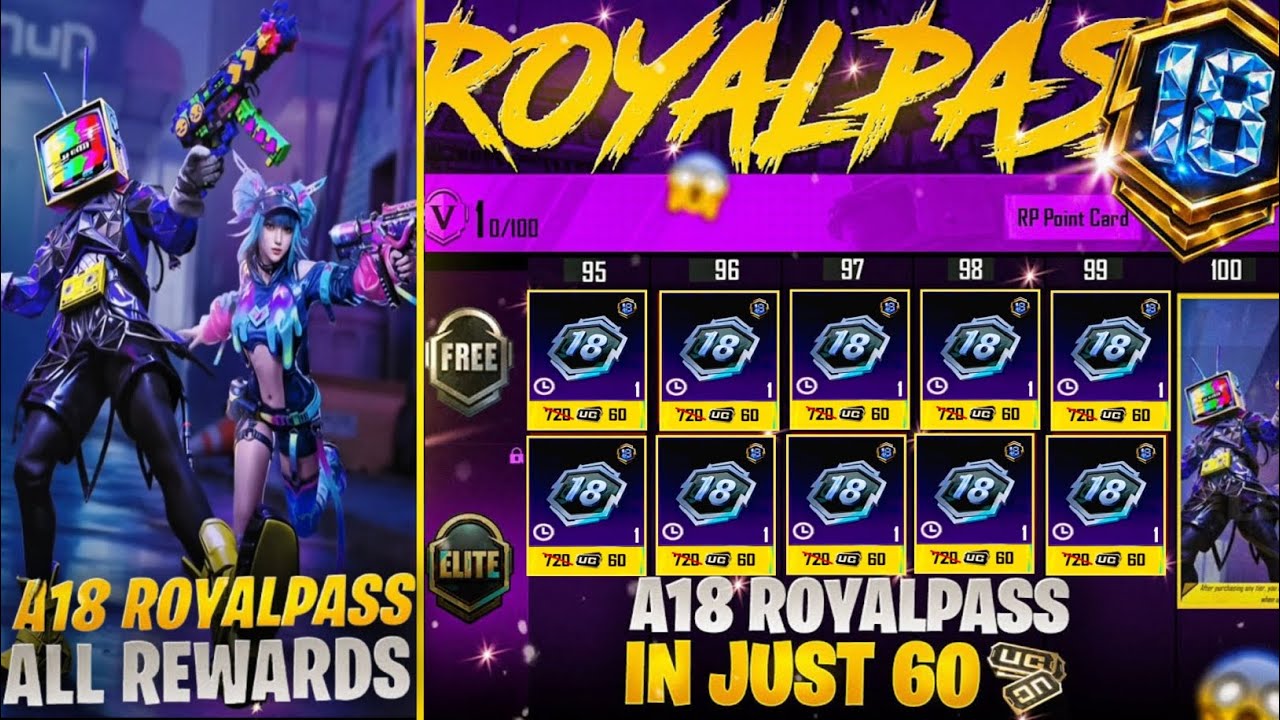 A18 ROYAL PASS 1 TO 100 RP REWARDS | ROYAL PASS IN JUST 60 UC ONLY | 50 RP UPGRADED SKIN | PUBGM 