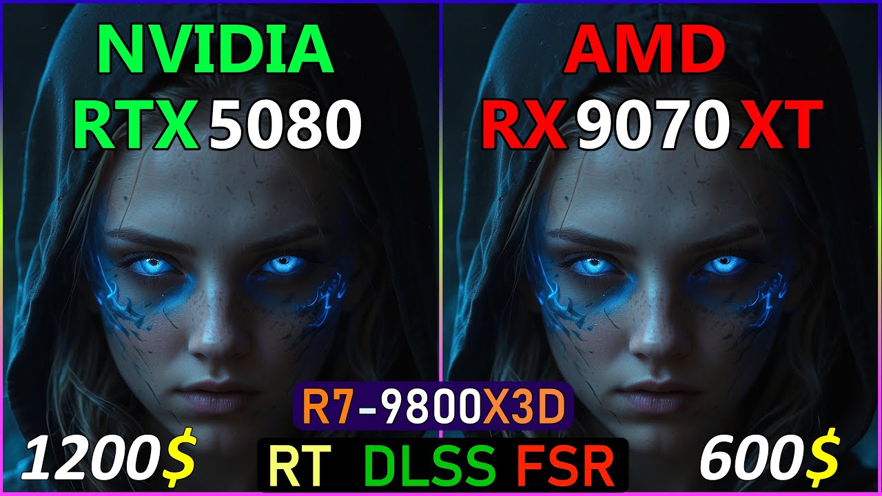 RX 9070 XT  vs  RTX 5080 vs with R7-9800X3D at Native, Ray tracing and DLSS.