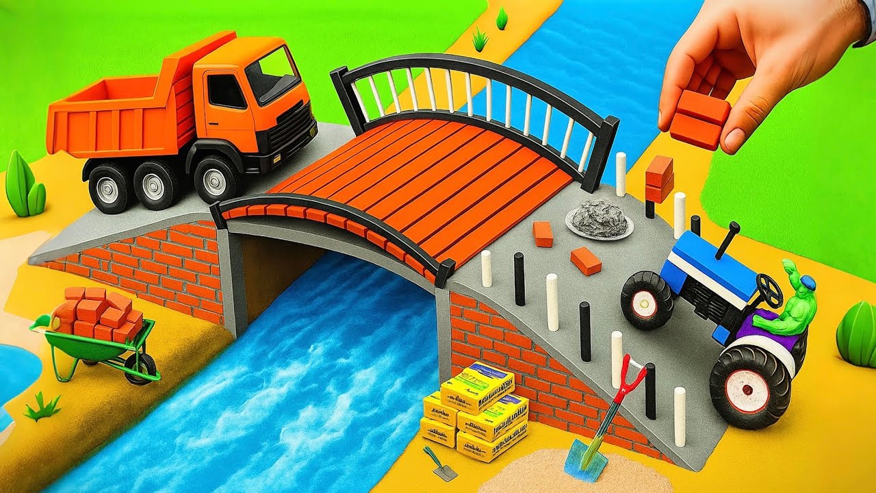 DIY Mini Truck Builds Brick & Metal Railing Bridge | Fun Construction Science Project