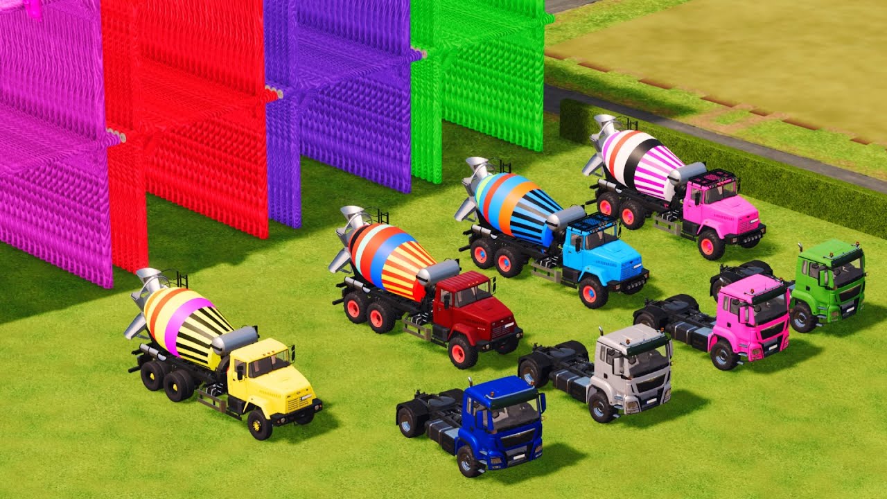 COLORFUL CEMENT MIXER TRUCKS VS EXTREME OBSTACLE COURSE TO THE GARAGE