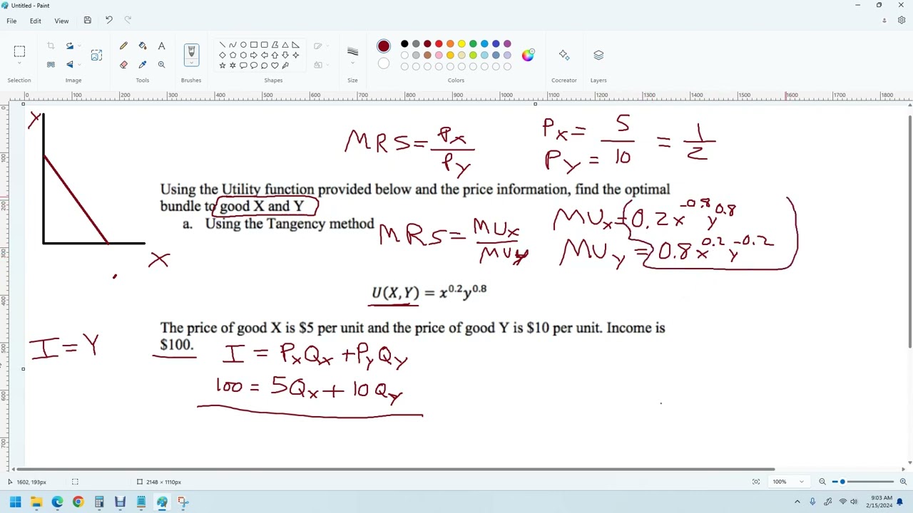 Calculating optimal bundle with utility function intermediate microeconomics