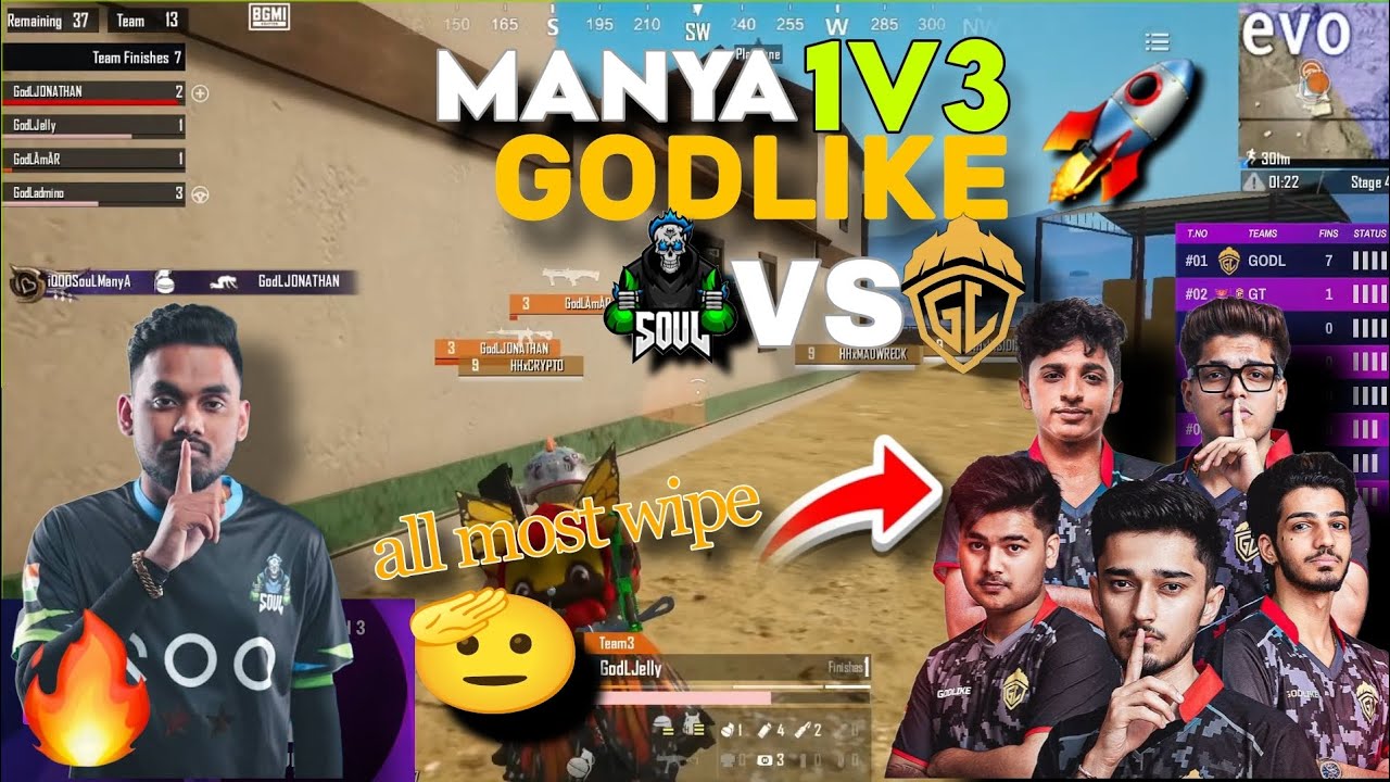 IQOOSOUL VS GODLIKE🔥SOUL MANYA 1V3 GODLIKE 🚀ALL MOST CLUTCHES 🫡✅