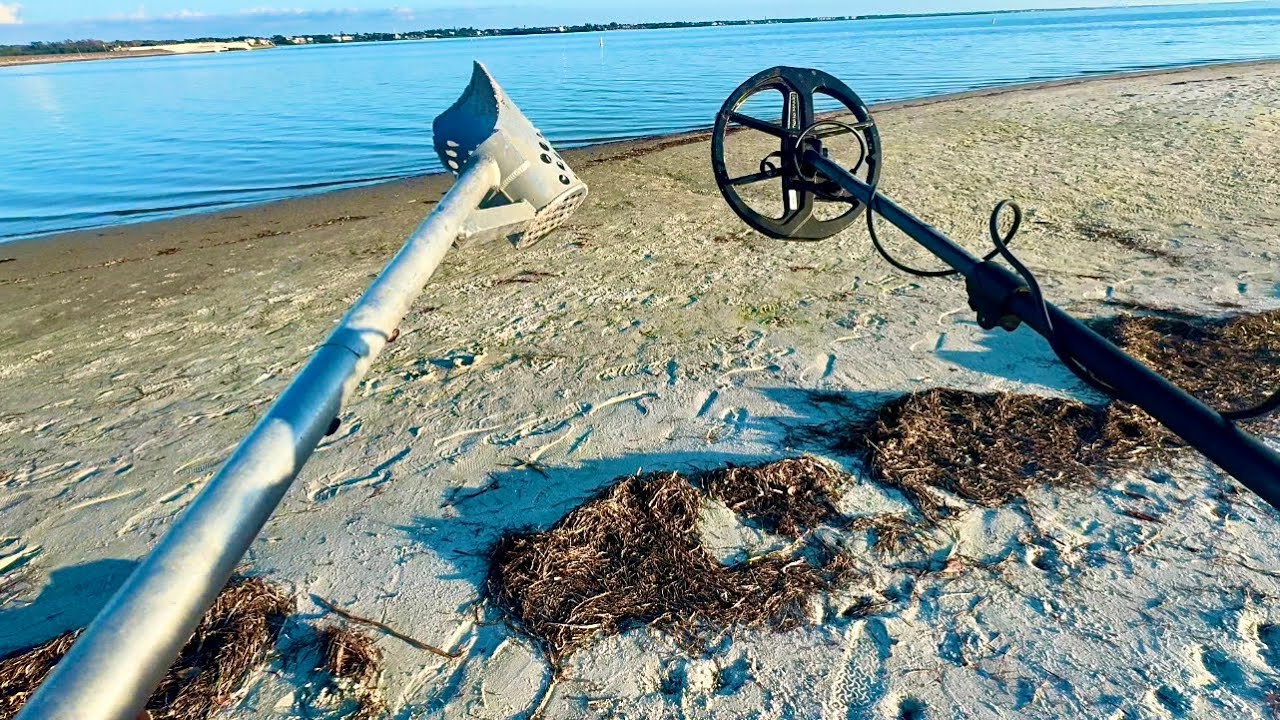 Нахожу сокровища на прохладном пляже в центральной Флориде с помощью металлоискателя.