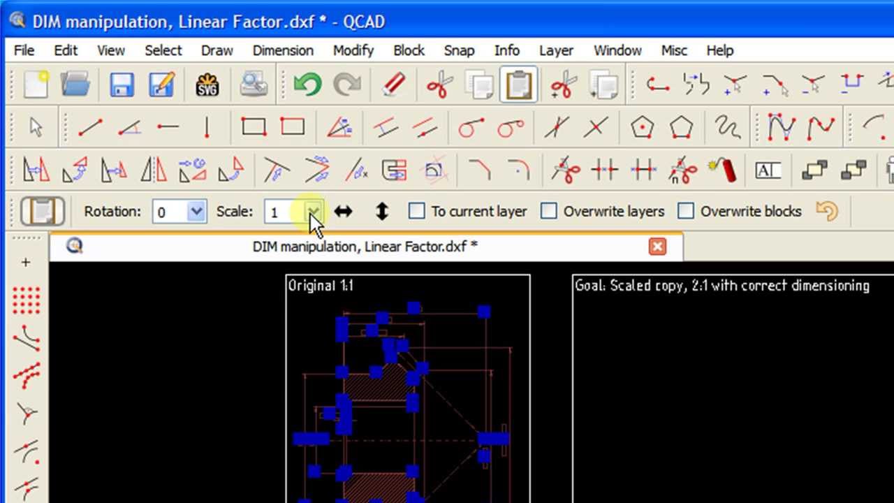 CAD Tutorial (Q&E): Dimension manipulation, Linear Factor in QCAD