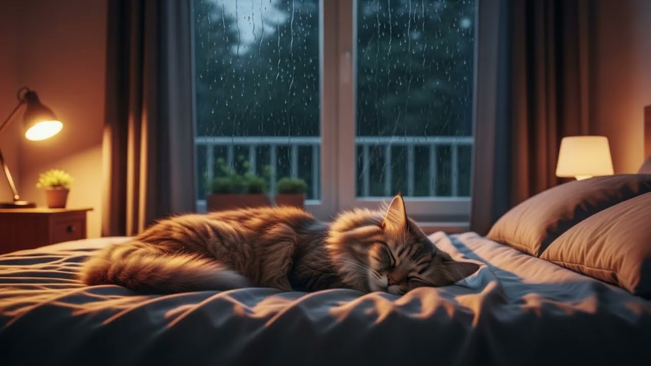 Peaceful Rainy Night | Relaxing Music with Rain, Cozy Bedroom Ambience, Cat Resting 🐱🌧️