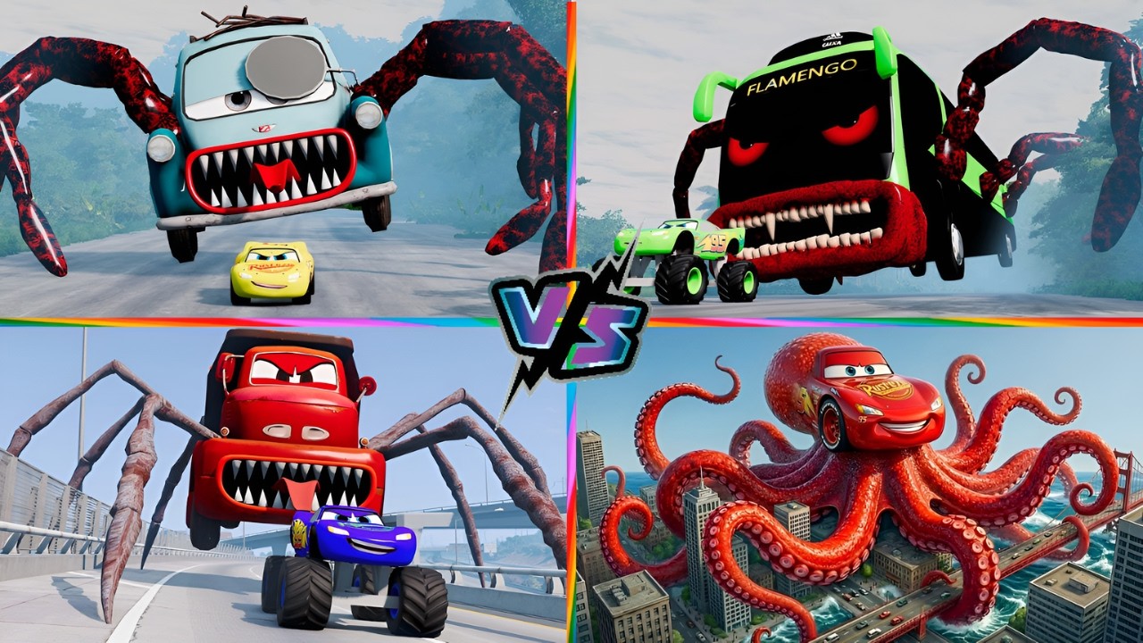 The Battle of the Giant Machines 💢Mcqueen Spider🔥 Tiles Hop EDM Rush 🎶 Zoombie Mcqueen 🆚 School Bus