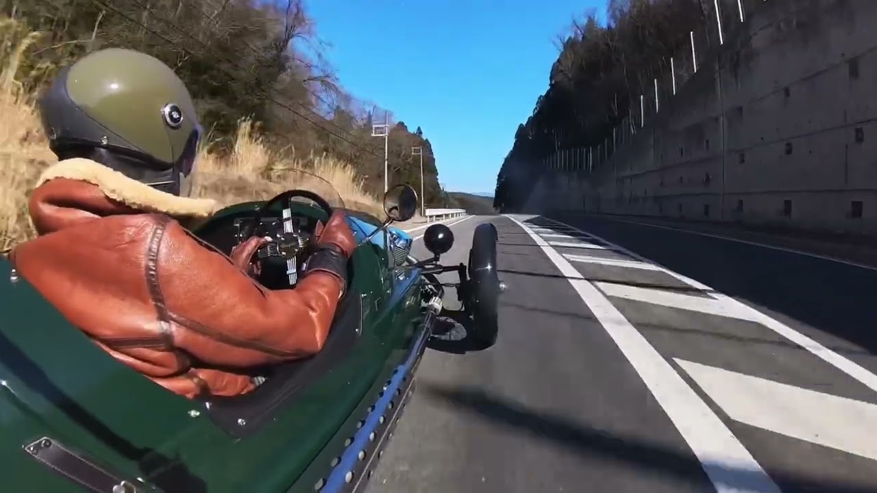 Driving on a clear winter day with Morgan 3 wheeler.