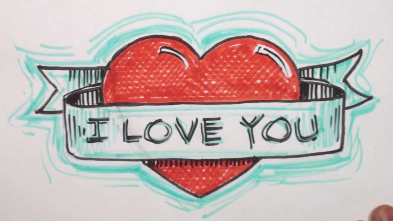 How to Draw Heart with Banner - I Iove You Drawing - MAT