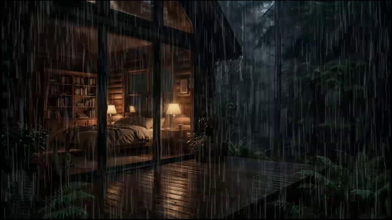 Nighttime Forest Cabin 🌲 | Relaxing rain ambience as soft rain surrounds the peaceful woods