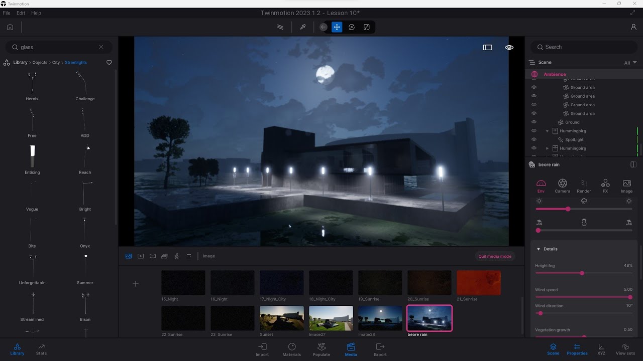 TWINMOTION - Lesson 10 - Site, North, Exposure, Sun, Sky, Artificial Lights, Fog, Volumetric Light