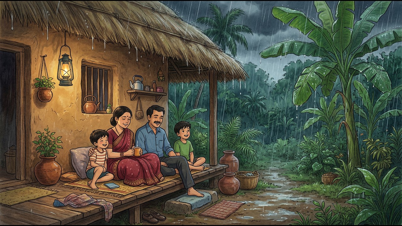Cozy 90s Village Monsoon Lantern Light Dinner & Rain ASMR (Ghibli Vibes)