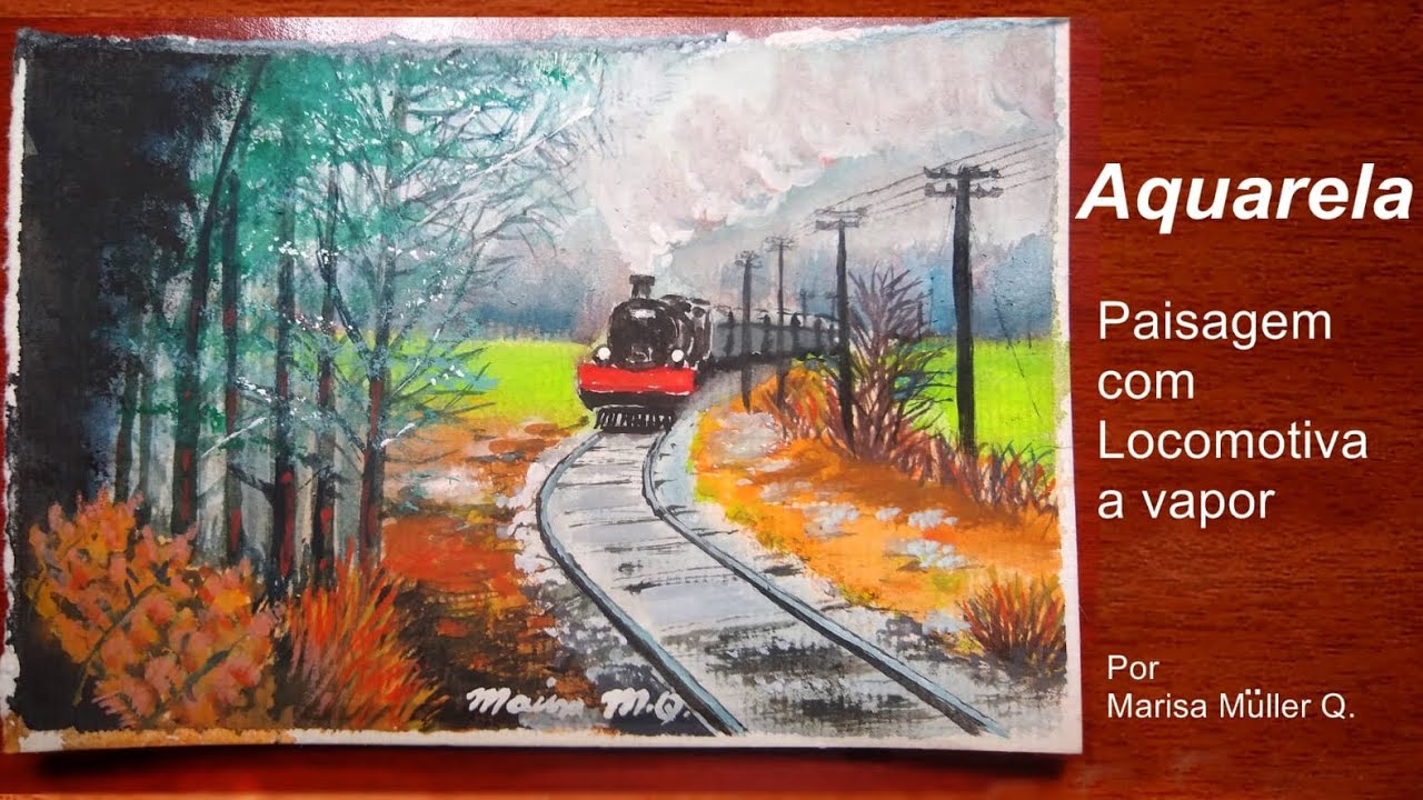 Paisagem com aquarela de locomotiva a vapor 