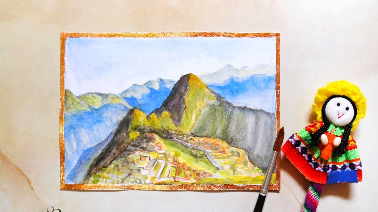 Machu picchu pintado con acuarelas de varias capas