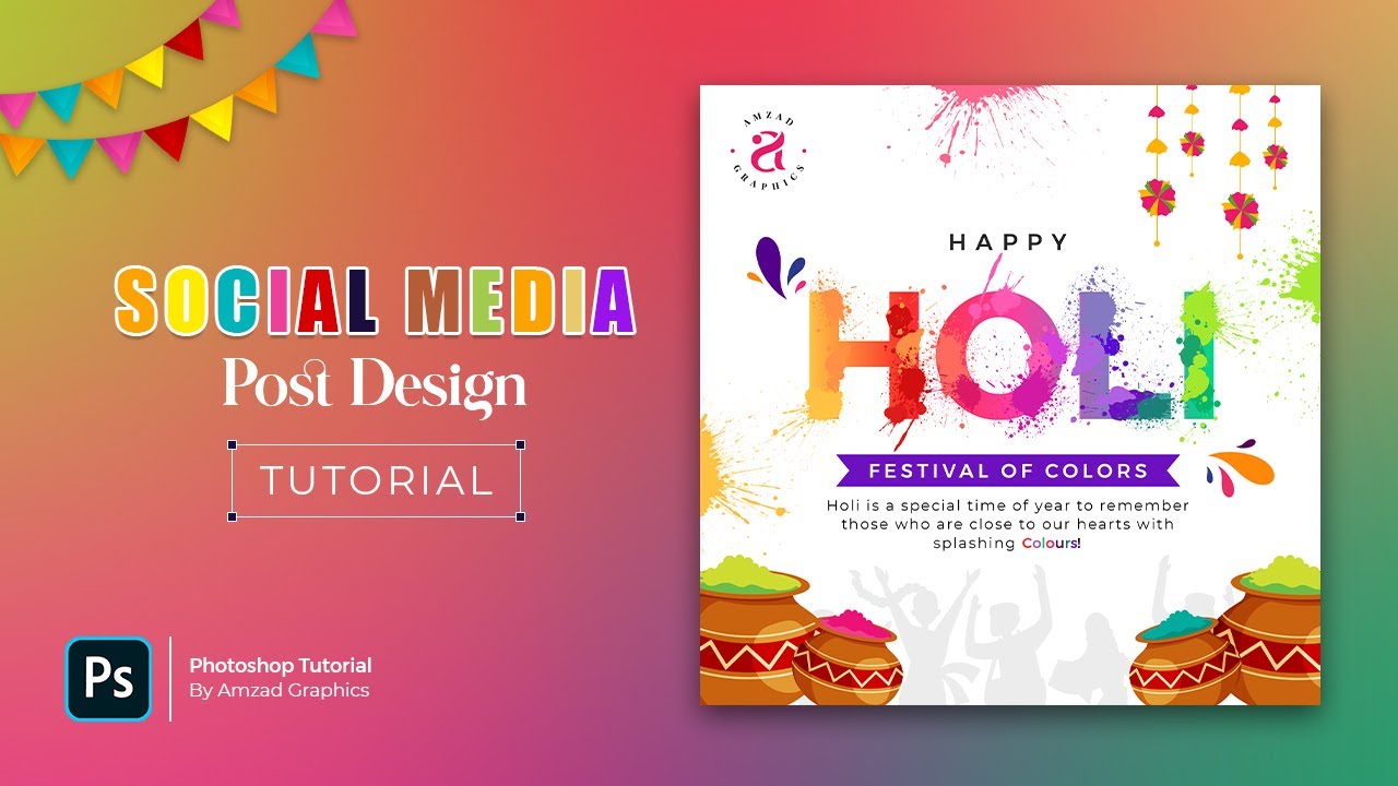 Holi Festival Social Media Post Design in Photoshop | Photoshop Tutorial