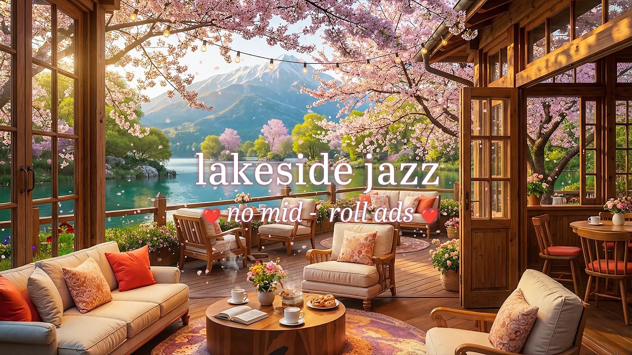 🌸 Spring Lake Jazz (NO MID-ROLL ADS) Peaceful Warm Café Ambience for Study & Relaxation