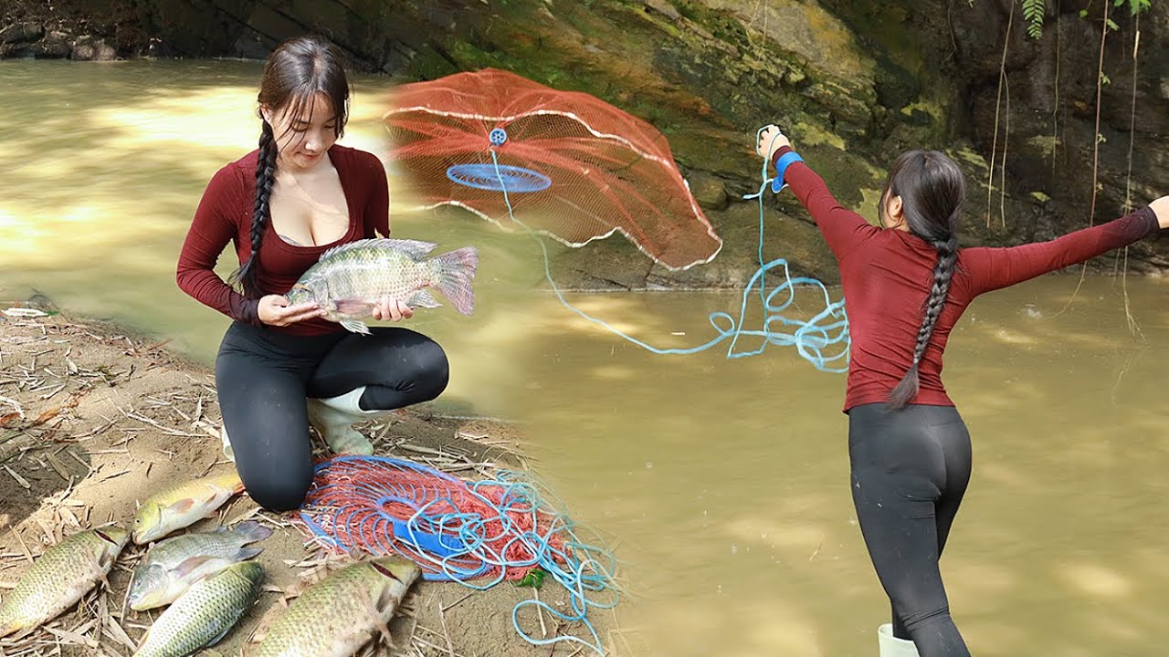 Beautiful Girl Casting Net in the Stream – Caught So Many Big Fish!