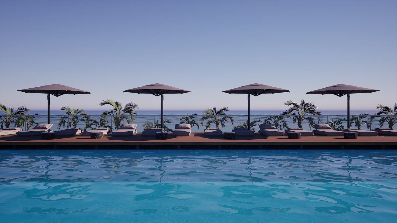 Relaxing Ambience ASMR / 8 HOURS Beautiful Pool with Sea View / Soothing Music for Relaxing Sleep