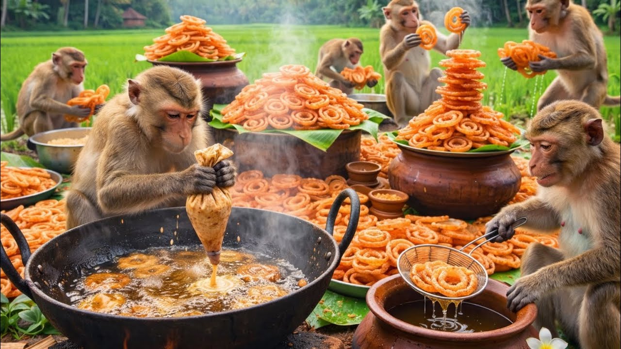 7 बंदरों ने मिलकर बनाई ढेर सारी जलेबी 🥨 | Monkey Making Jalebi | Monkey Cooking Video