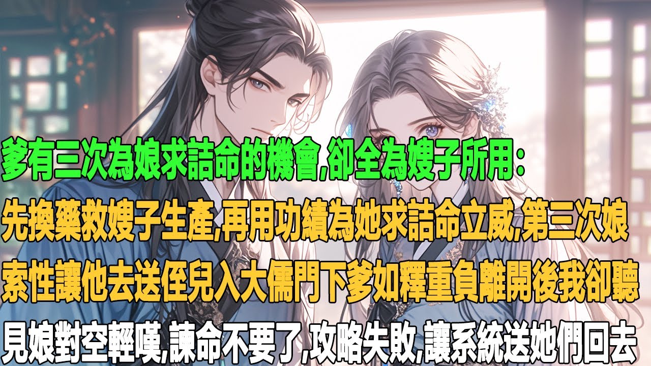 爹有三次為娘求詰命的機會，卻全為嫂子所用：先換藥救嫂子生產，再用功績為她求詰命立威，第三次娘索性讓他去送侄兒入大儒門下。爹如釋重負離開後，我卻聽見娘對空輕嘆，諫命不要了，攻略失敗，讓系統送她們回去。