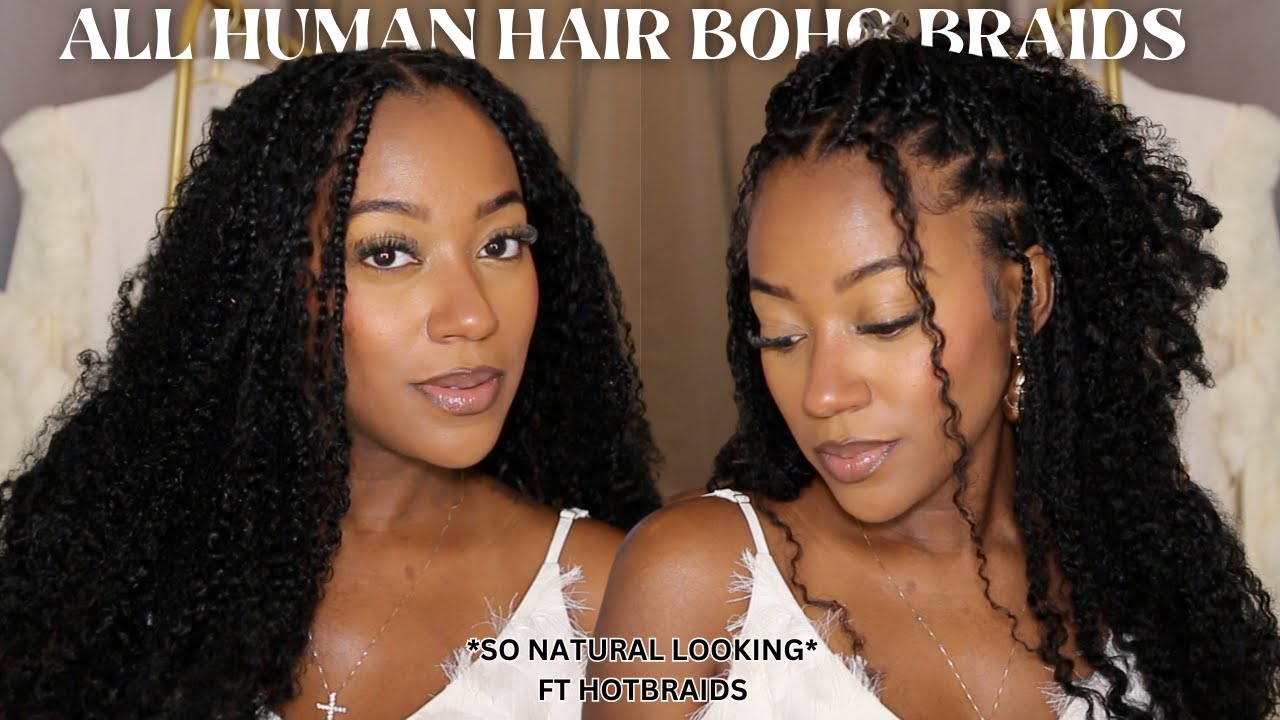 ALL Human Hair Boho Knotless Braids Using Naturally Curly 3c/4a Hair! So Natural | Ft. Hot Braids