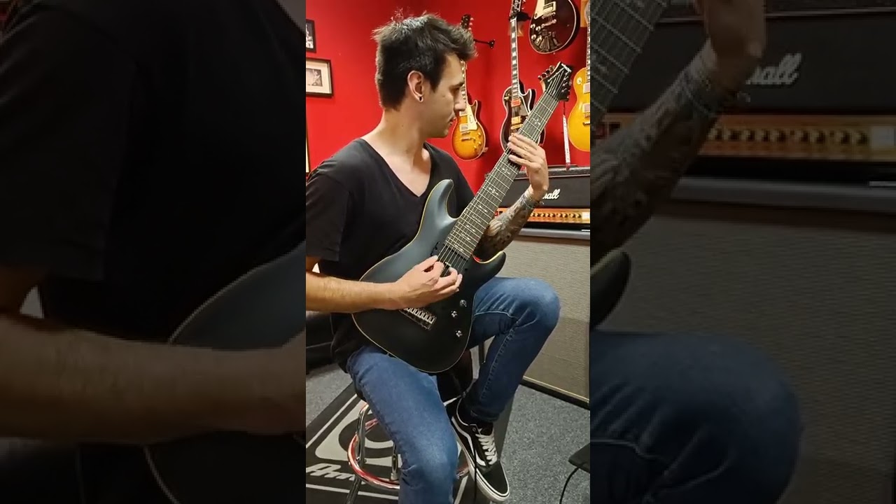 Max mit der 8-saitigen Schecter Demon 8 Aged Black Satin