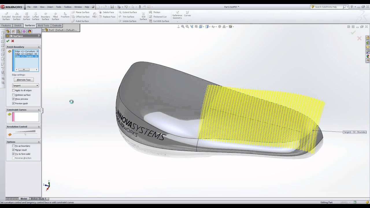 Заполненная поверхность в SolidWorks