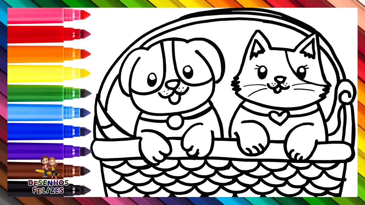 Desenhar e Colorir um Cachorro e um Gato Adoráveis em uma Cesta 🐶🧺🐱🌈 Desenhos para Crianças