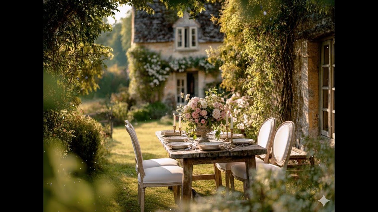 Cozy cottage in the English Countryside, candles, twinkle lights, and enchanting ambience.