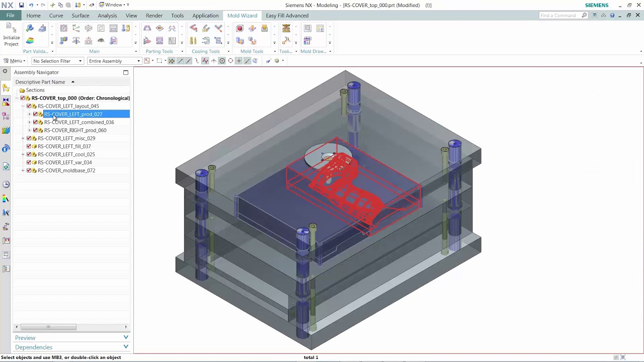 NX CAD: Zaślepianie otworów, linia i powierzchnia podziału formy, kanały chłodzące, dokumentacja 2D