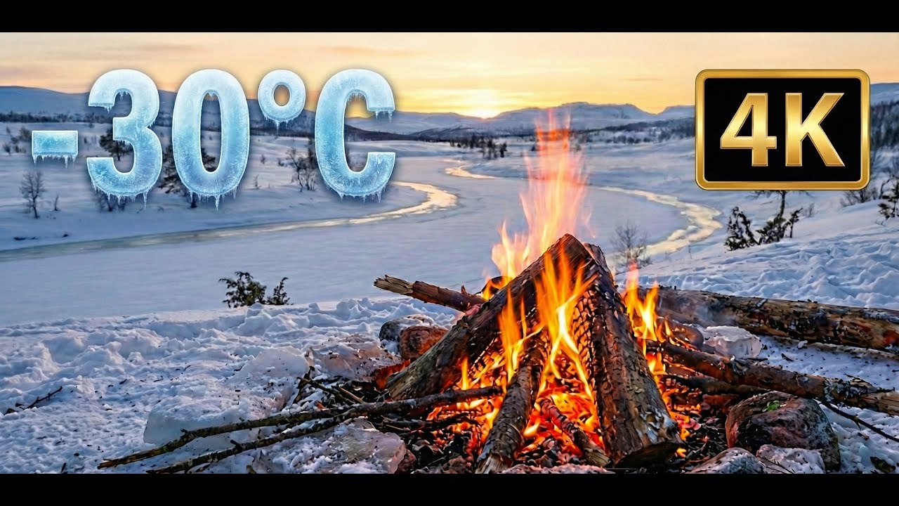 Настоящий костер на замерзшей реке при температуре -30°C | ASMR-звуки потрескивания и природы в ф...