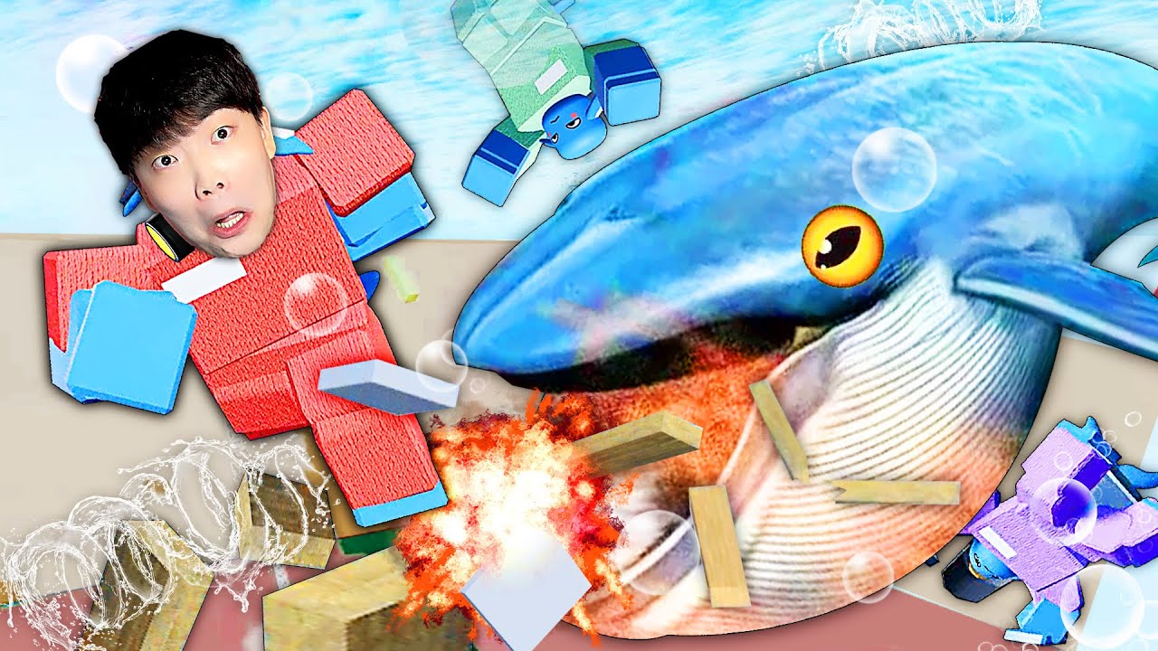 Roblox鯨魚生存模擬器，巨型深海藍鯨一頭撞毀蓋在船上的摩天大樓！海爾兄妹無處遁形！